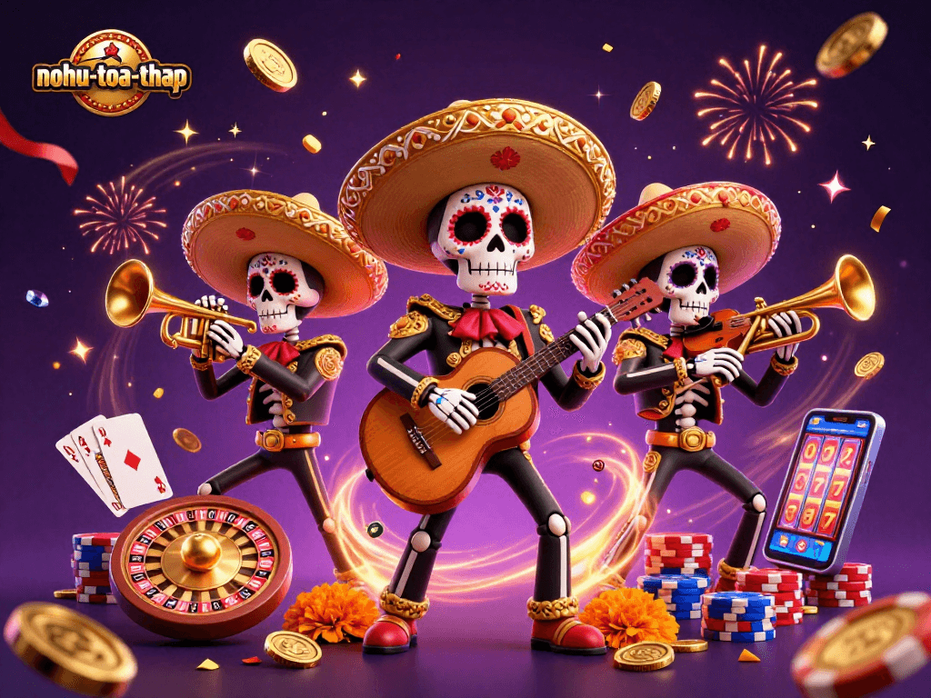 Spin and win with nohu-toa-thap in a vibrant scene featuring colorful mariachi characters and casino elements.