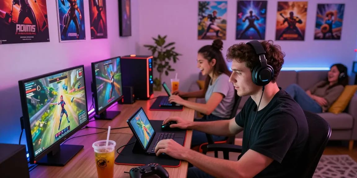 Online porn game scene with diverse players enjoying adult-themed games on various devices in a cozy gaming environment.