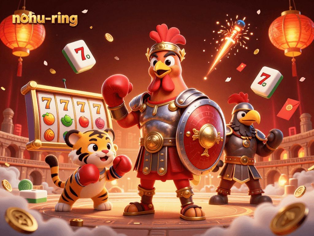Experience the excitement of nohu-ring with a dynamic 3D scene of a gladiator rooster amidst slot reels and festive decorations.