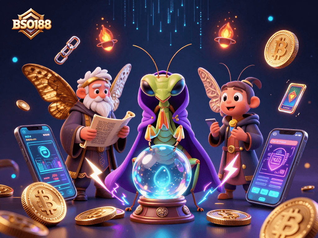 Experience BSO188's thrilling features with a colorful scene of fortune tellers and crypto elements.