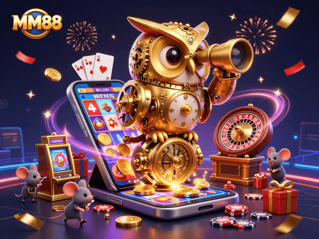 Engage with the vibrant casino scene featuring MM88's golden owl and dynamic game elements.