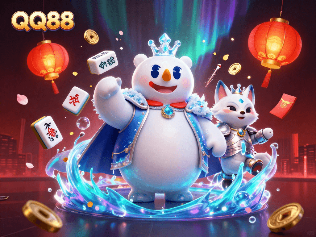 Experience QQ88's engaging gaming universe with vibrant, dynamic illustrations of characters in action.