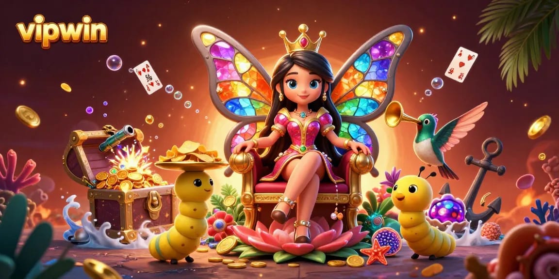 Experience the thrill of vipwin as the colorful butterfly queen reigns over a dynamic casino scene filled with treasure.