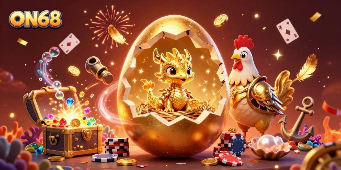 Join the excitement at ON68 with a dazzling illustration featuring a golden dragon on poker chips amidst vibrant casino elements!