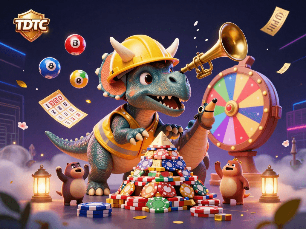Engaging TDTC scene showcasing a triceratops building poker chips amid colorful lottery elements.