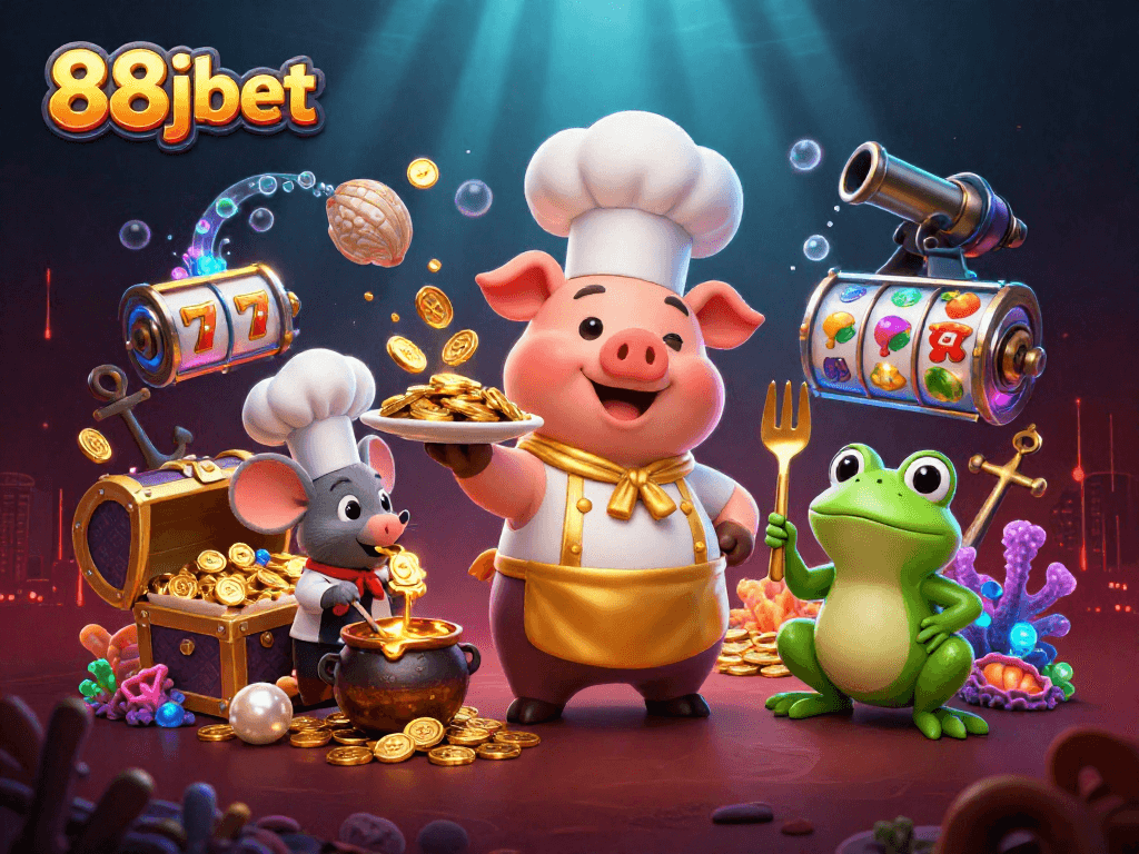 Join the culinary excitement in 88jbet's vibrant casino scene featuring lucky symbols and gold treasures.