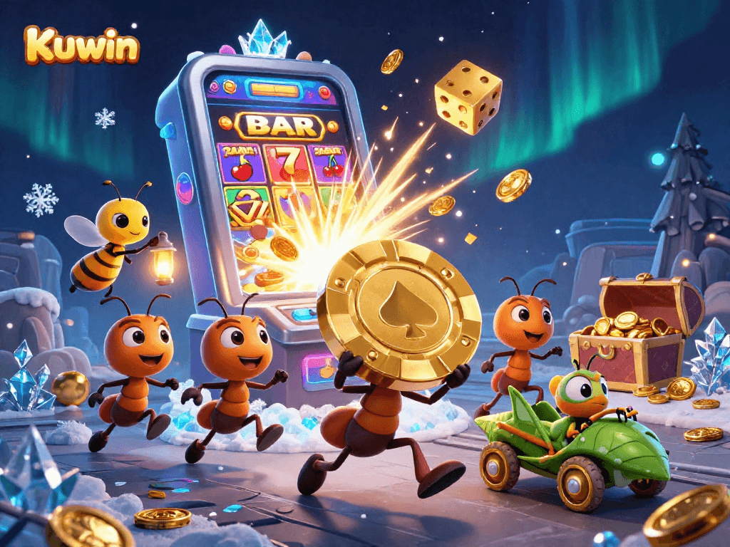 Kuwin showcases a dynamic scene with ants heisting a giant poker chip amidst vibrant casino elements, highlighting gaming excitement.