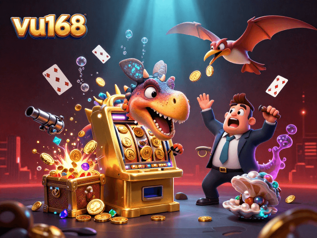 Experience the excitement of vu168 as a pachycephalosaurus hits the jackpot, surrounded by thrilling casino elements.