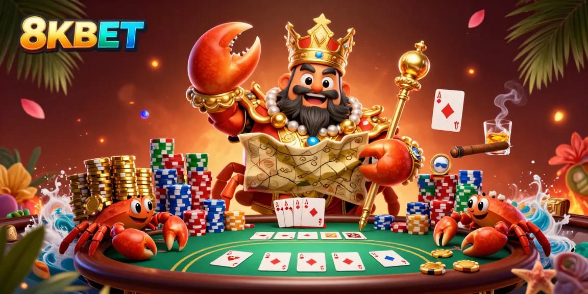 Join the 8KBET emperor in a vibrant casino scene featuring poker, treasure, and excitement.