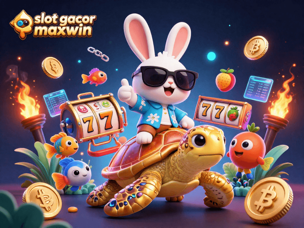 Experience slot gacor maxwin with an exciting 3D scene featuring a lucky rabbit and golden sea turtle.