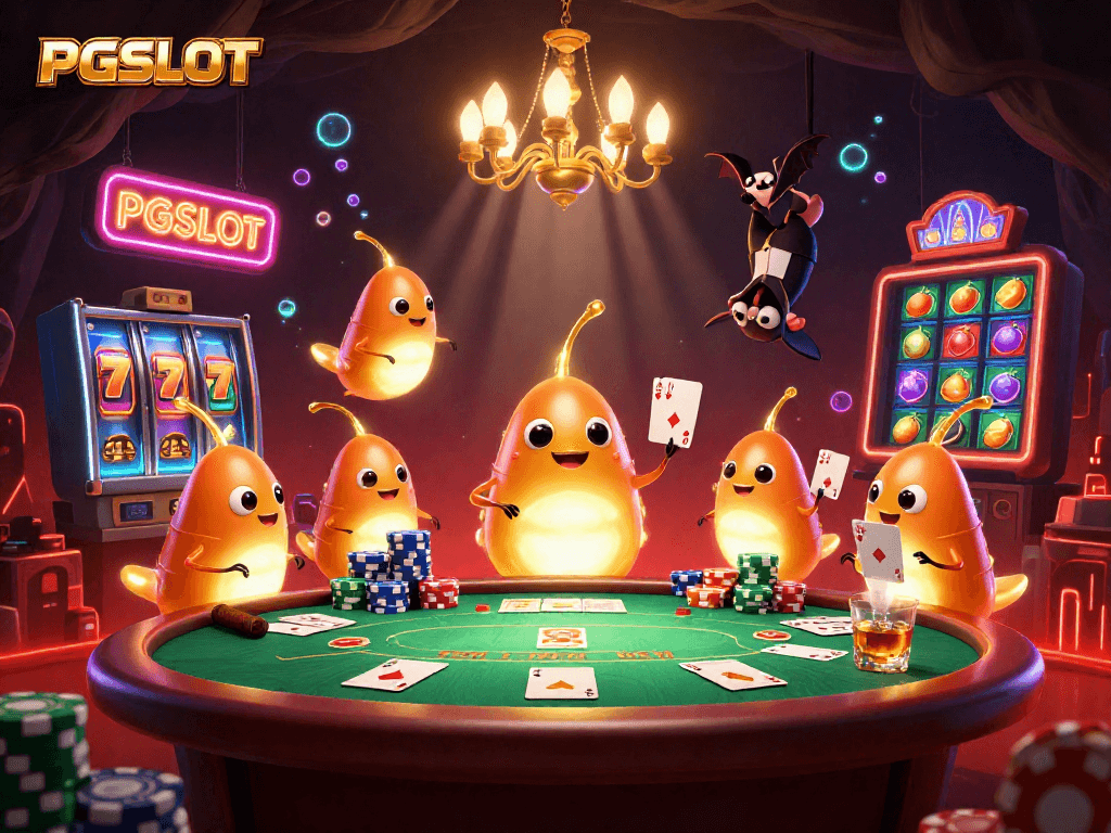 PGSLOT illuminates a vibrant cave casino featuring glowworms, poker chips, and jackpot symbols.