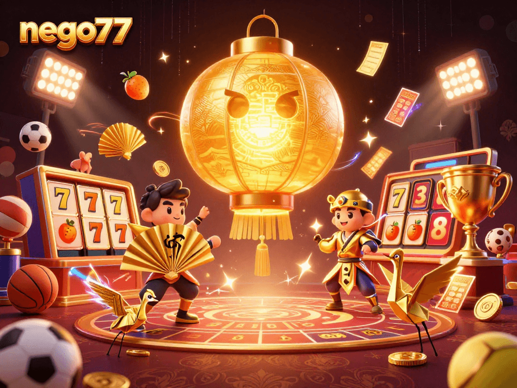 Bet on exciting slots at nego77, featuring a golden lantern spirit and gaming elements.