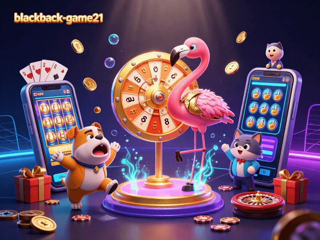 Experience thrilling gameplay at blackjack-game21 with a dynamic casino scene featuring a flamingo host and an excited bulldog contestant.