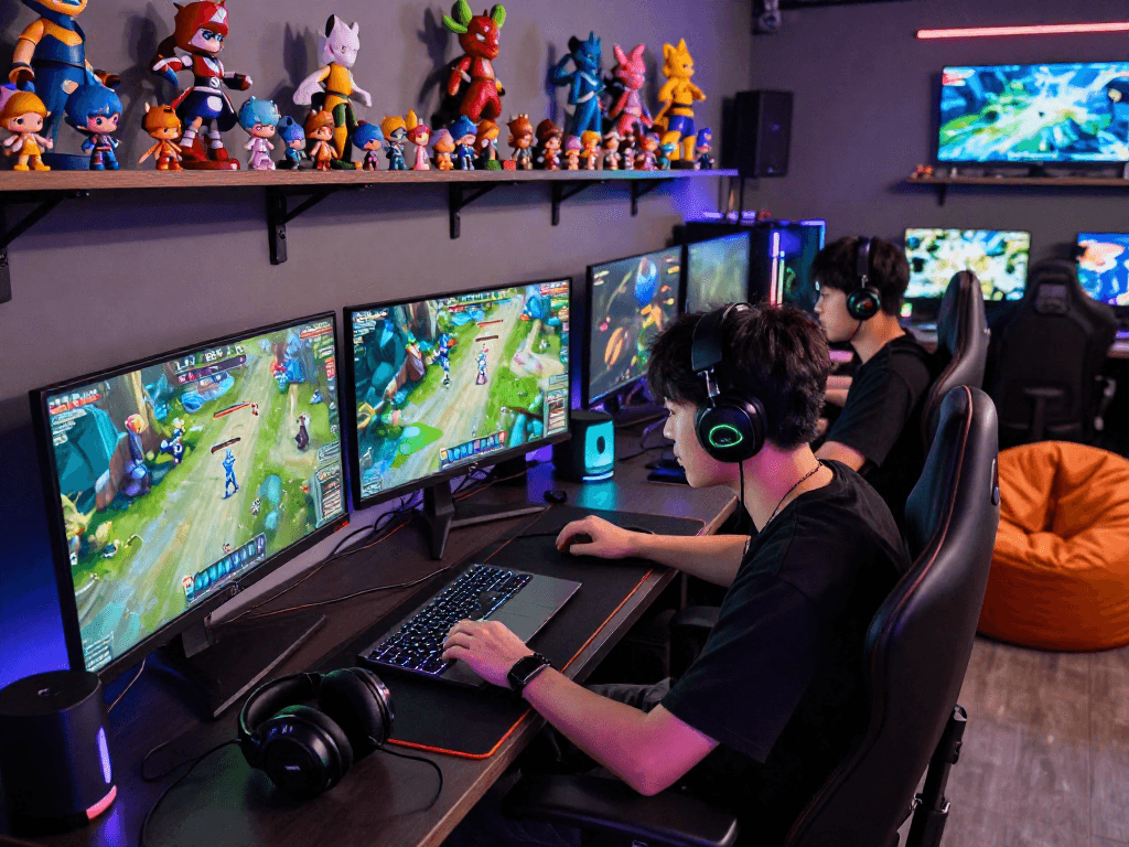 Engaging gacha168 gaming scene featuring a focused gamer with vibrant graphics and collectibles.
