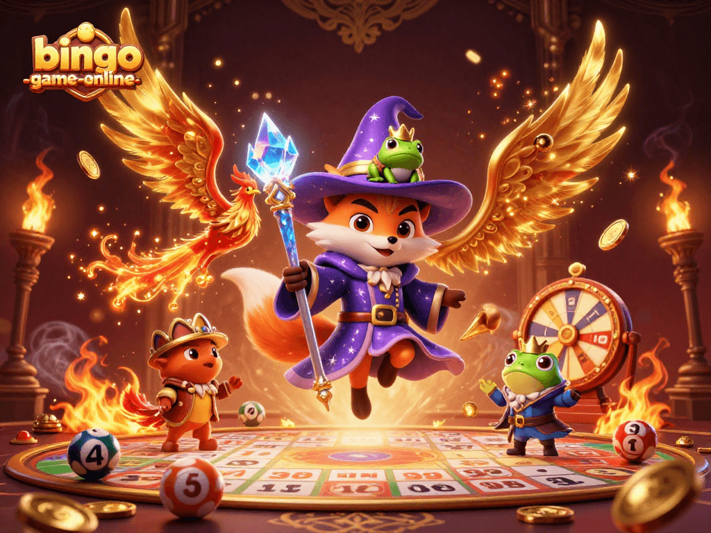 Engage with the vibrant bingo-game-online atmosphere depicted in a mystical 3D scene of a wizard fox, phoenix, and enchanted frog.
