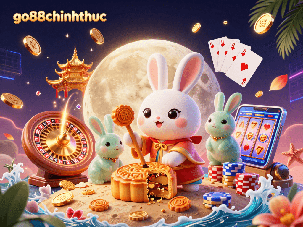 Experience go88chinhthuc in a vibrant, ultra-detailed 3D casino illustration featuring a moon rabbit and gaming elements.