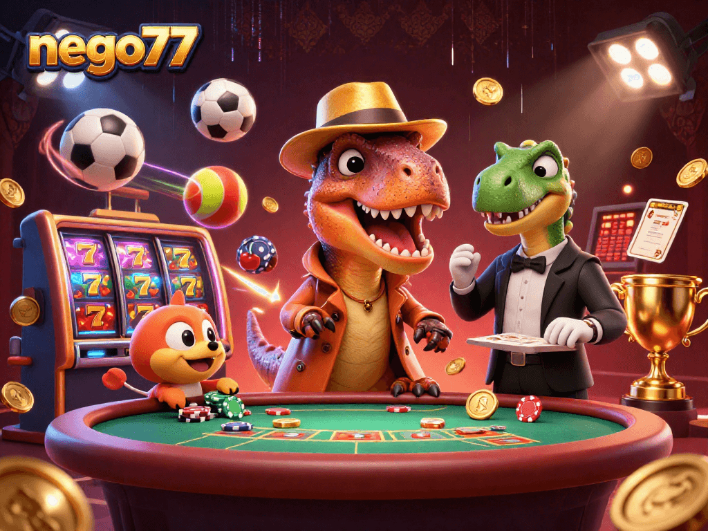 Engage in thrilling gameplay with nego77, showcasing a cartoon velociraptor amidst blackjack tensions and slot excitement.