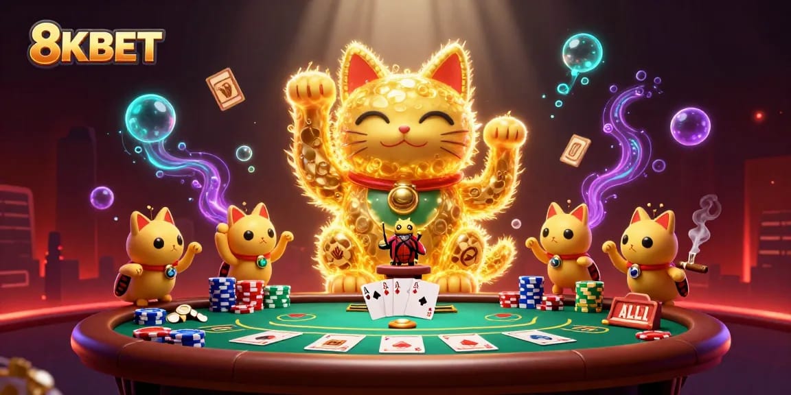 Engage in thrilling gameplay with 8KBET's dynamic casino illustration featuring a giant lucky cat!