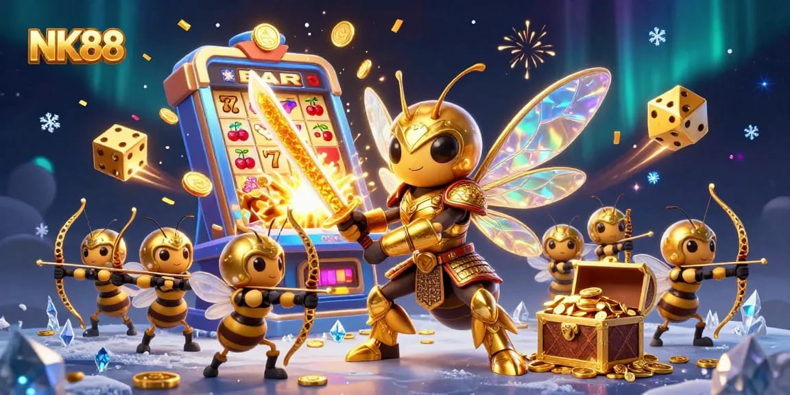 Win big at NK88 with an exciting 3D casino scene featuring a golden hornet and dynamic slot elements.
