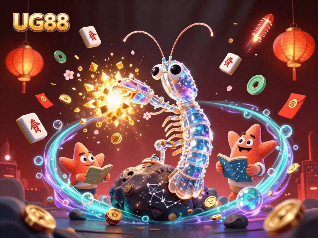 Experience thrilling gameplay with UG88 as the galactic mantis shrimp battles for treasure among dynamic casino elements.
