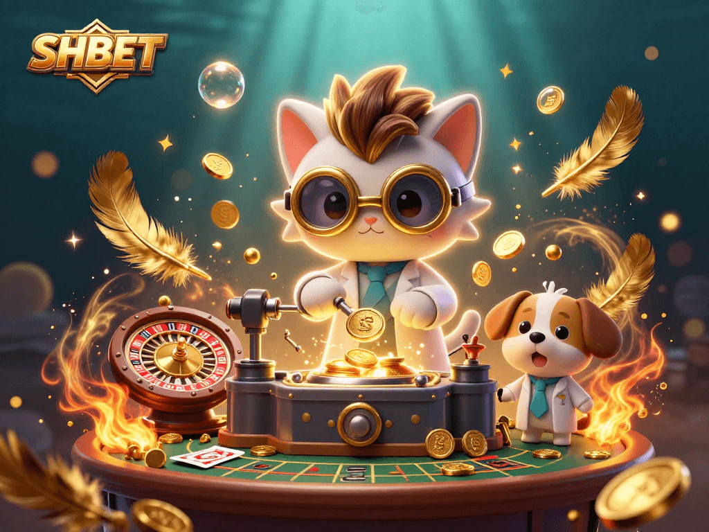 Experience thrilling betting excitement with SHBET in a 3D cartoon casino lab scene.