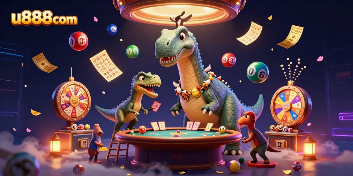 Experience thrilling moments at u888com as a brontosaurus looks down on a lively casino scene.
