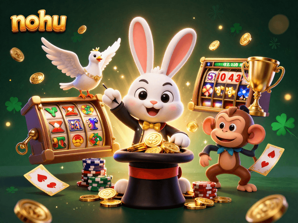 Nohu's dynamic illustration features a magician rabbit with golden coins and playful characters in a vibrant casino scene.