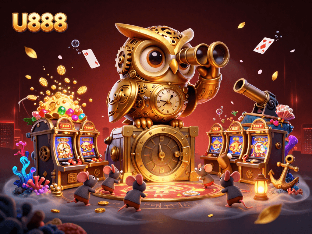 U888 showcases an enchanting casino scene with a golden owl scanning the floor amid vibrant gaming action.