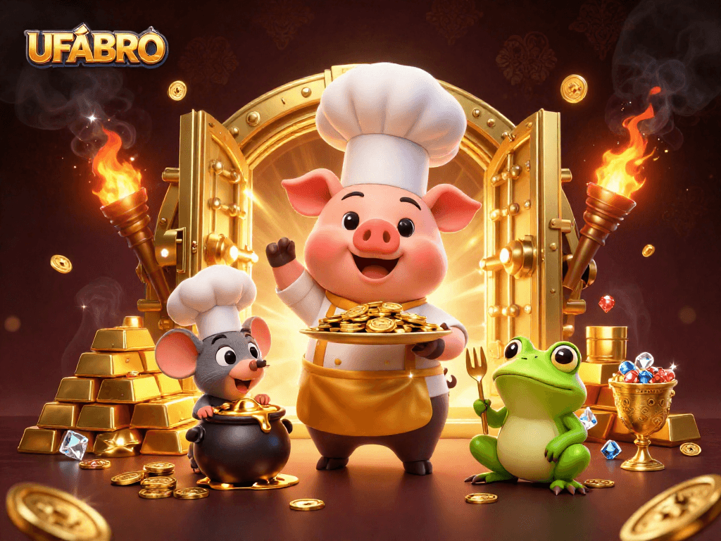 UFABRO offers an exciting casino scene featuring a chef pig serving gold coins, surrounded by riches.