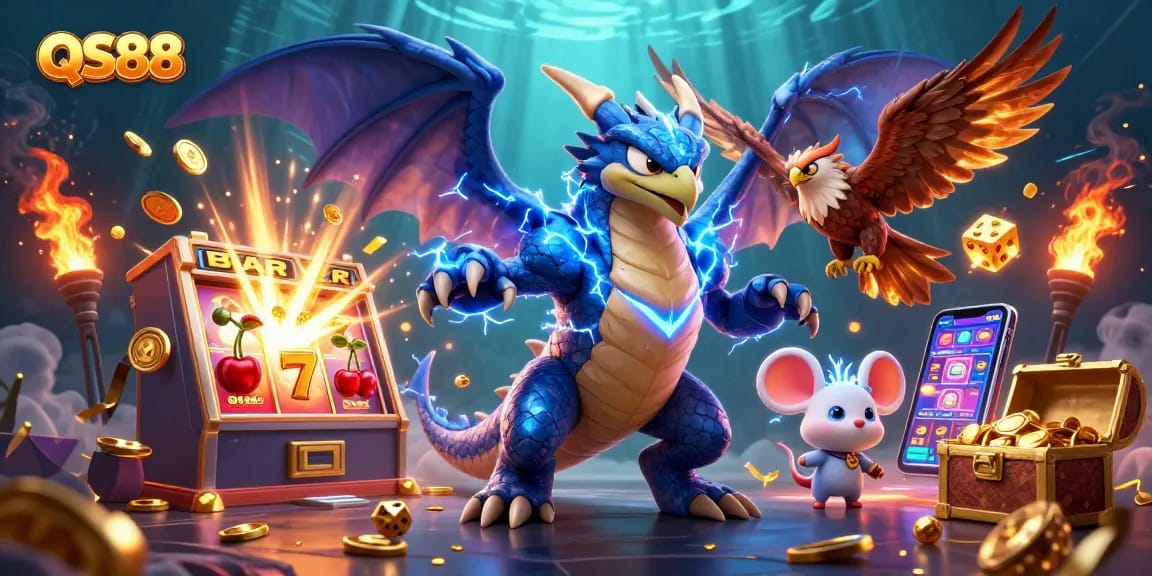 Experience thrilling gameplay at QS88 with vibrant animated casino characters and games.