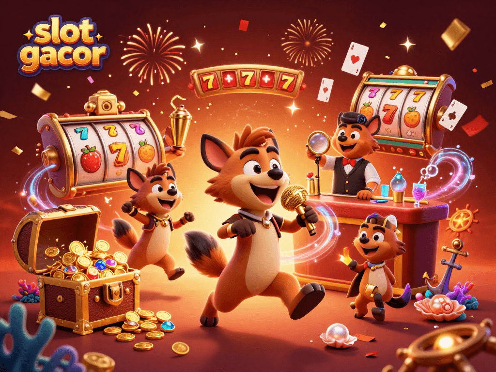 Engage in thrilling slot gacor action with energetic hyena characters in a vibrant casino scene.