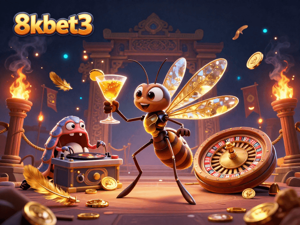 Engage with 8kbet3's dynamic gambling universe featuring unique 3D characters in a lively casino setting.