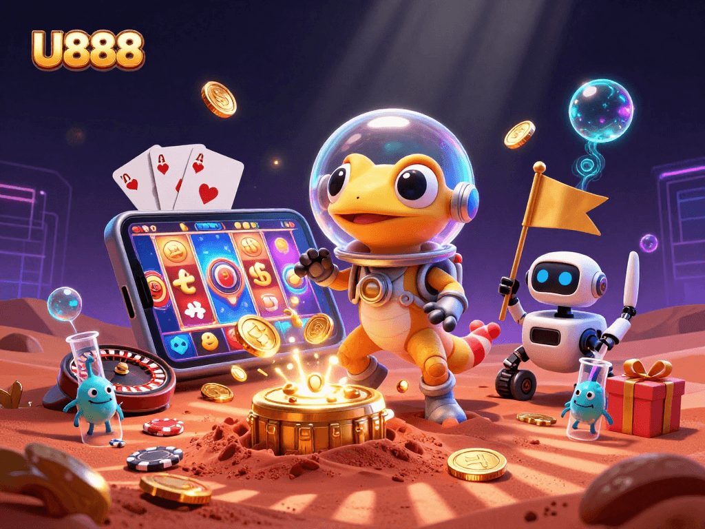 Spin and win with U888: Celebrate exciting casino games in a vibrant illustration