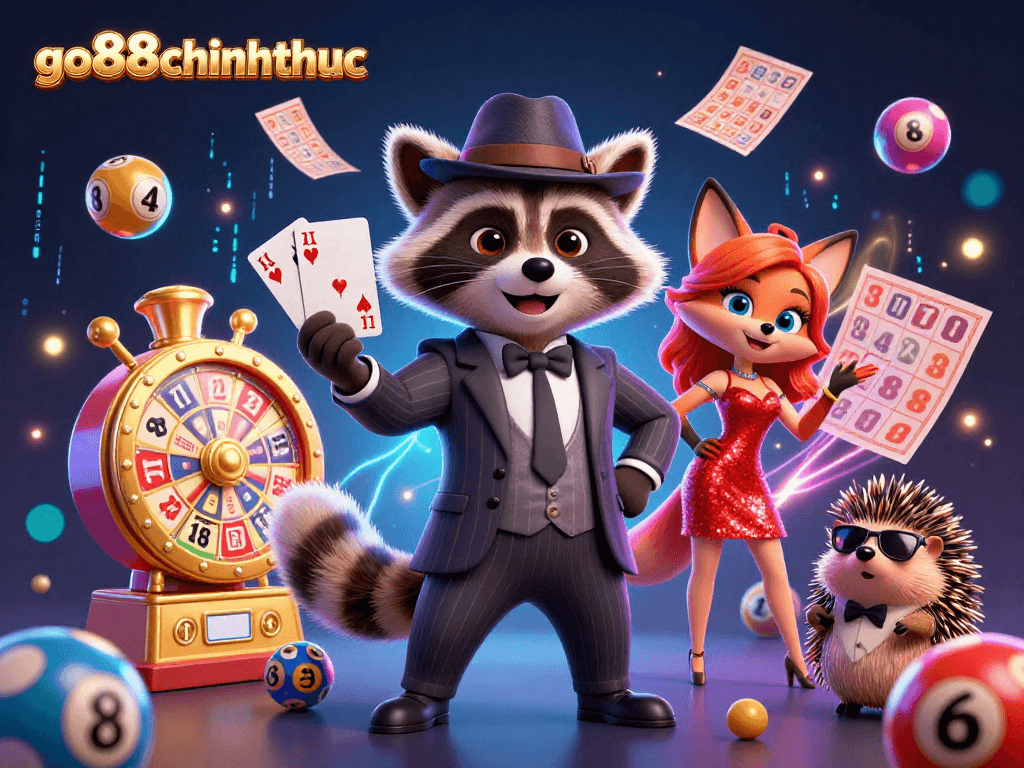 Engage with go88chinhthuc's vibrant lottery scene featuring a raccoon, fox, and hedgehog.