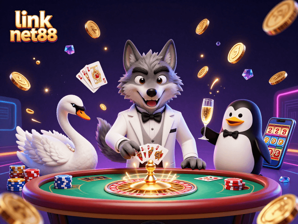 Experience the thrill with link net88 at a lively baccarat casino scene, featuring dynamic characters.