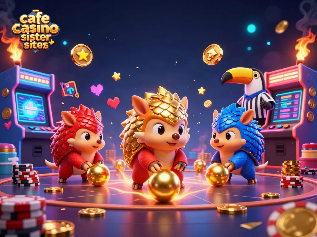 Bowling pangolins celebrate at cafe casino sister sites amidst colorful game machines and confetti.