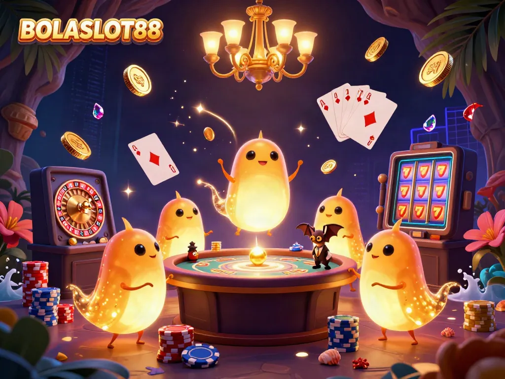 Experience the vibrant glow of BOLASLOT88 with bioluminescent glowworms lighting up a casino scene filled with gold and gems.