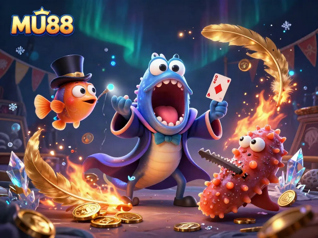 Engage with MU88, a vibrant illustration showcasing thrilling casino excitement and deep-sea magic.
