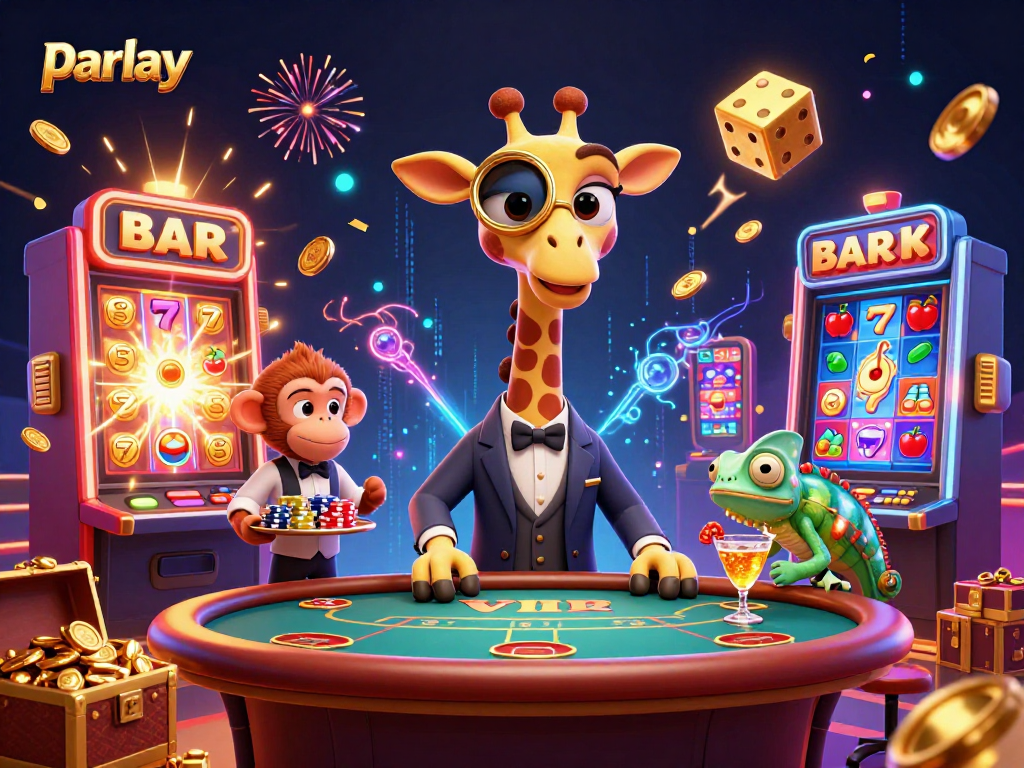 Experience thrilling parlay action with cartoon characters at a vibrant casino scene.