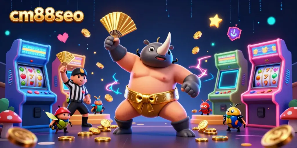 Experience thrilling gameplay with cm88seo as a beetle champion stomps gold coins in this vibrant casino scene.