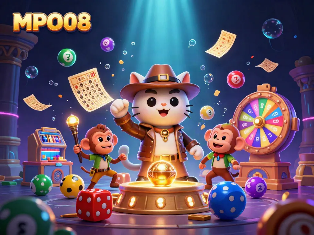 Engage with MPO08's vibrant gambling spirit as the archaeologist cat discovers treasure amidst bouncing lottery balls.