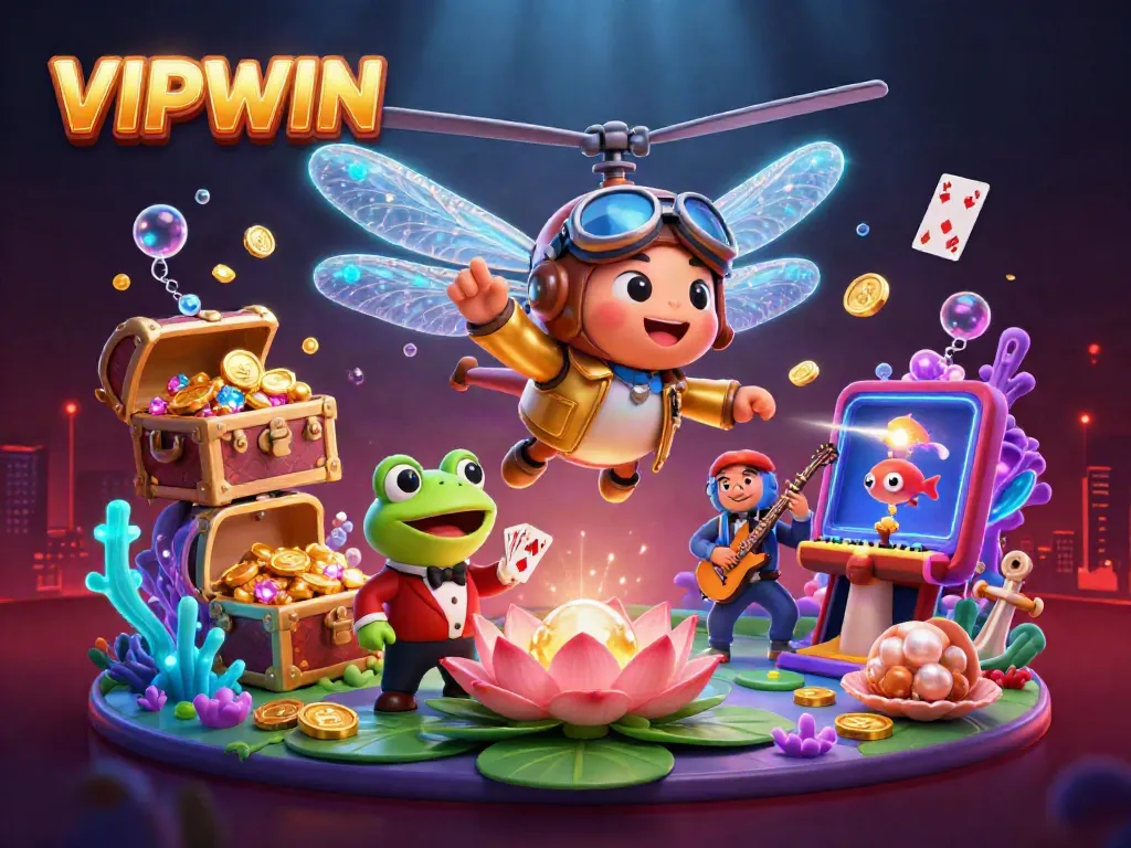 Engage in epic gaming at VIPWIN with a dragonfly pilot, frog dealer, and vibrant underwater wonders.