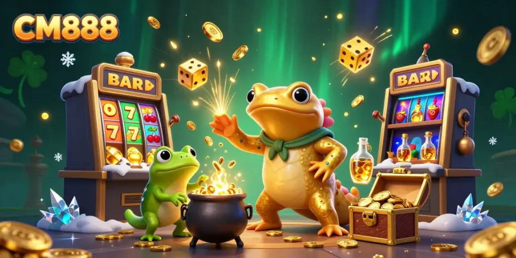 Engage in thrilling gameplay at CM888 with vibrant illustrations of a slot machine, alchemist, and gold coins.