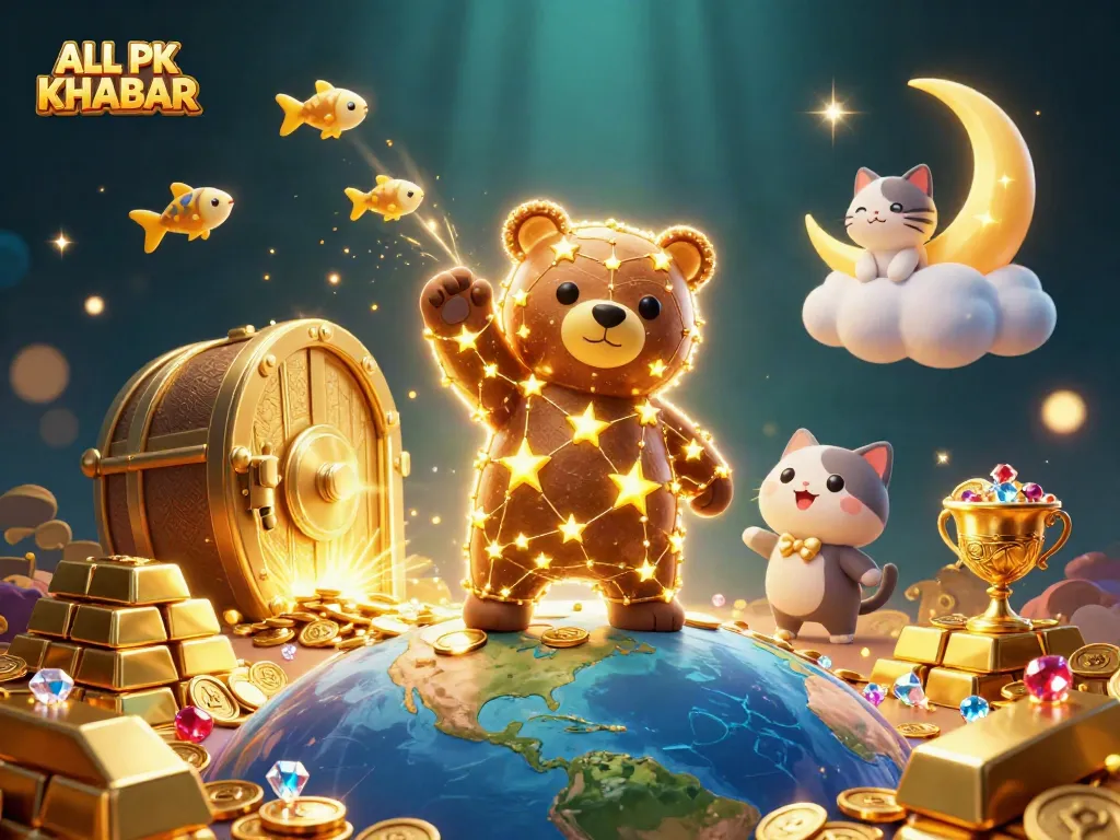 Experience ALL PK KHABAR with this vibrant casino scene featuring a cosmic bear and treasures.