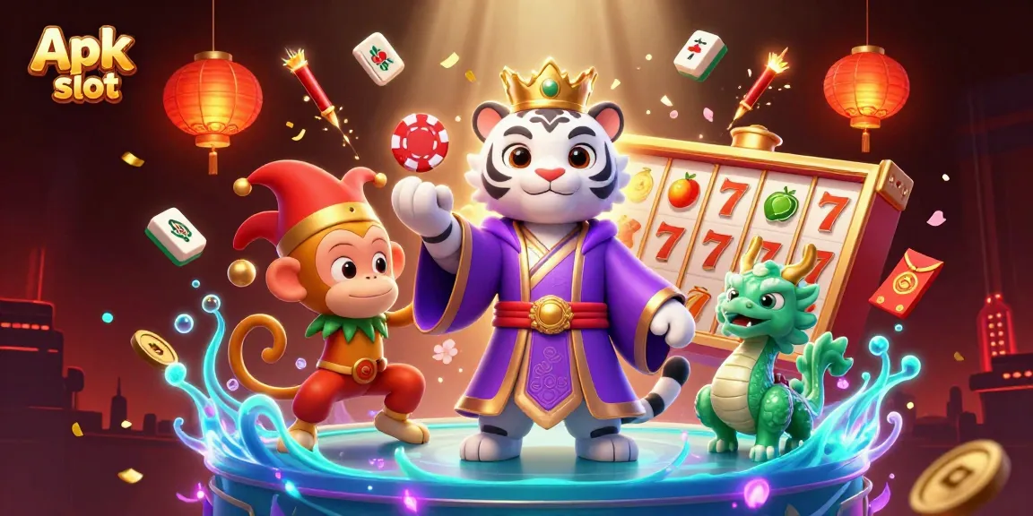 Memainkan Apk slot dengan bantuan harimau putih dan monyet emas di kasino 3D yang penuh warna.