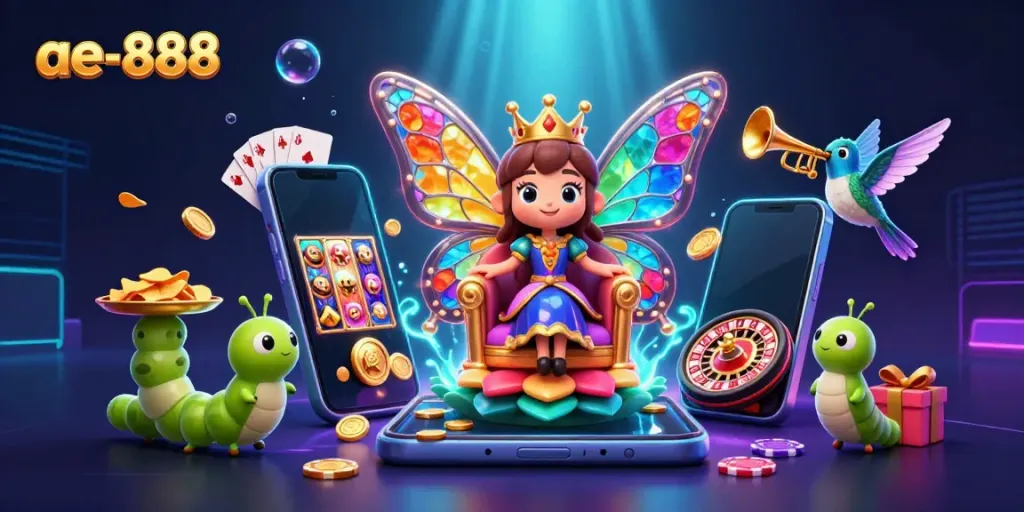 Experience the vibrant world of ae-888 with a 3D cartoon butterfly queen amidst casino elements.