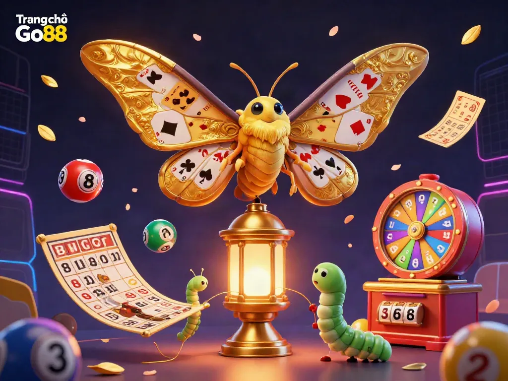 Experience the excitement of Trang chủ Go88 with vibrant lottery elements and a majestic moth in a dynamic casino scene.