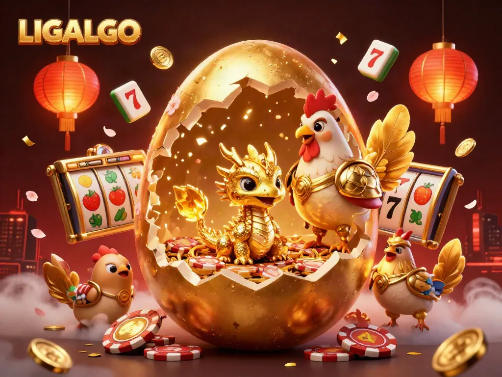 LIGALGO reveals a stunning golden baby dragon amidst a vibrant casino scene, symbolizing luck and fortune.
