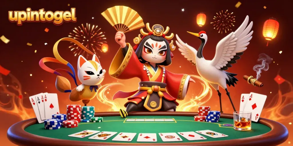 Menggandakan kemenangan judi dengan upintogel, ilustrasi 3D warna-warni dari kasino dengan karakter kabuki dan elemen permainan.
