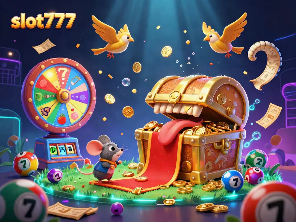 Experience the exciting world of slot777 with detailed 3D visuals featuring dynamic slot reels and treasure chests.